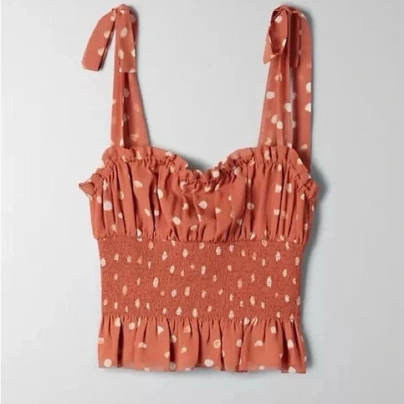 Aritzia Wilfred Ballad Camisole Tank Top Polka dot Crop Smocked  chiffon Orange - Picture 5 of 11